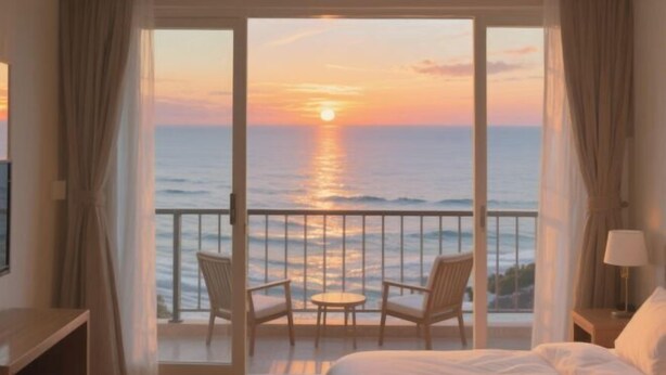 A hotel room with a balcony overlooking the sea at sunset. - Lantian Weekend Vacation Homestay (Yangjiang Hailing Island Poly Silver Beach) (Yangjiang)