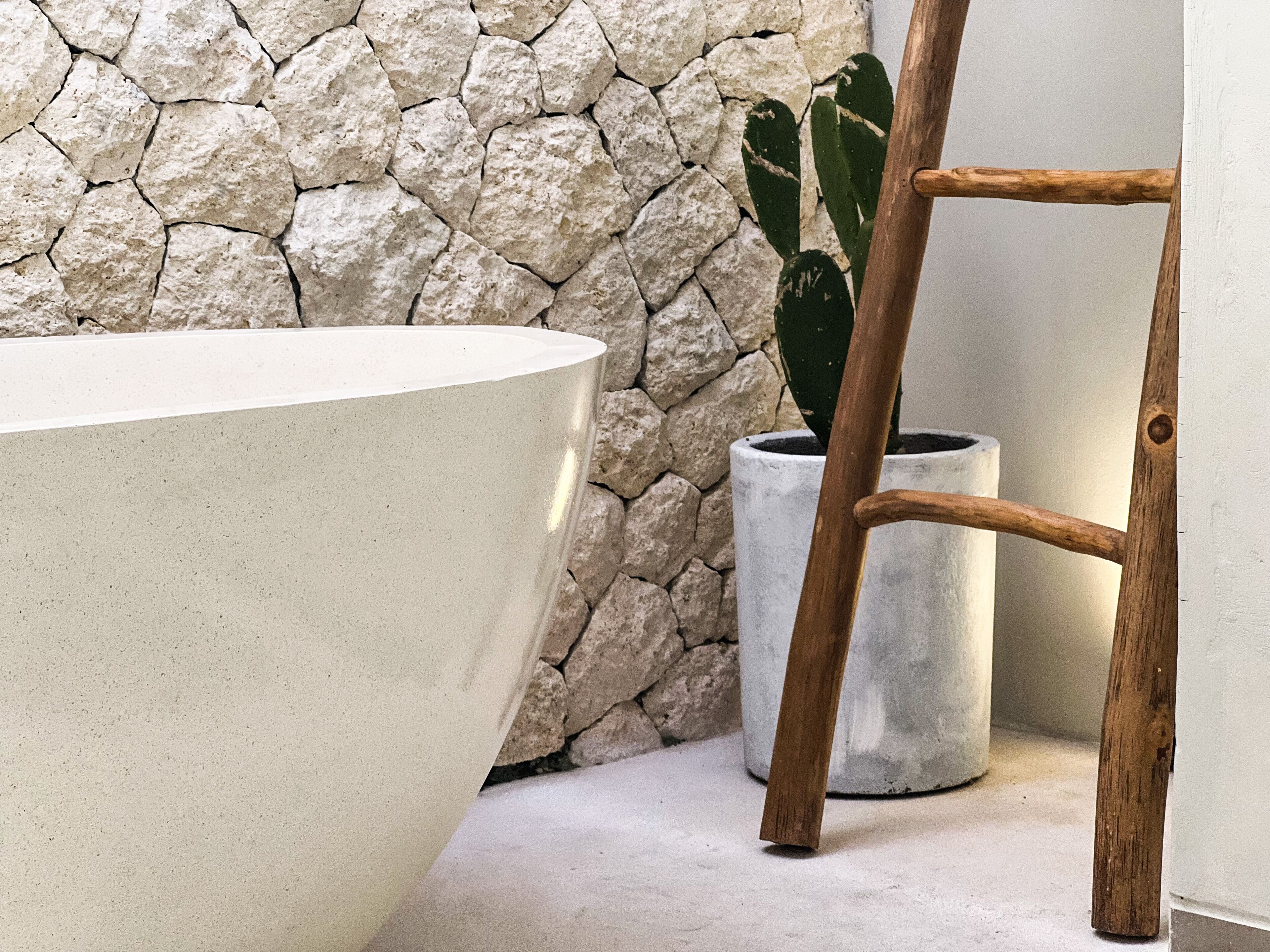 A large white bathtub, a wooden ladder, and a cactus plant in a white pot against a stone wall.