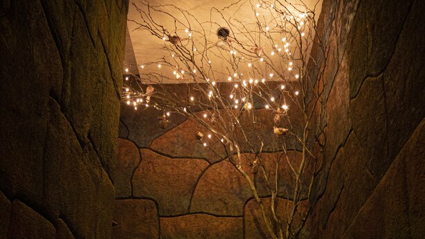 A stone staircase with a potted plant at the top, surrounded by stone walls and a ceiling with string lights. - Hotel el Cóndor (Cortazar)