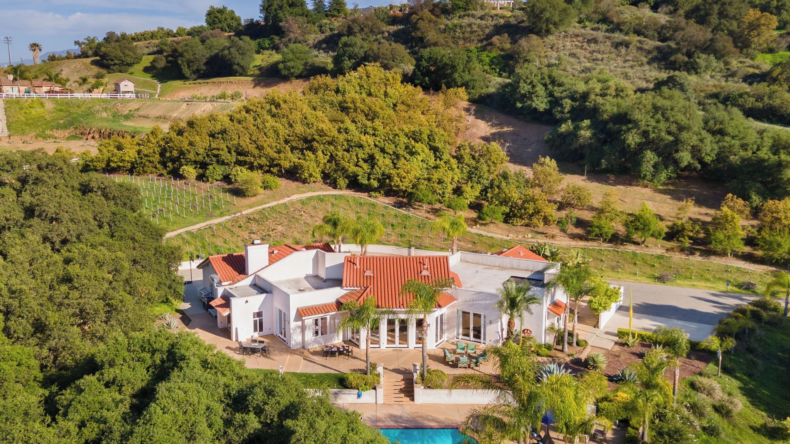 A large house with a red roof, surrounded by lush greenery and a swimming pool.