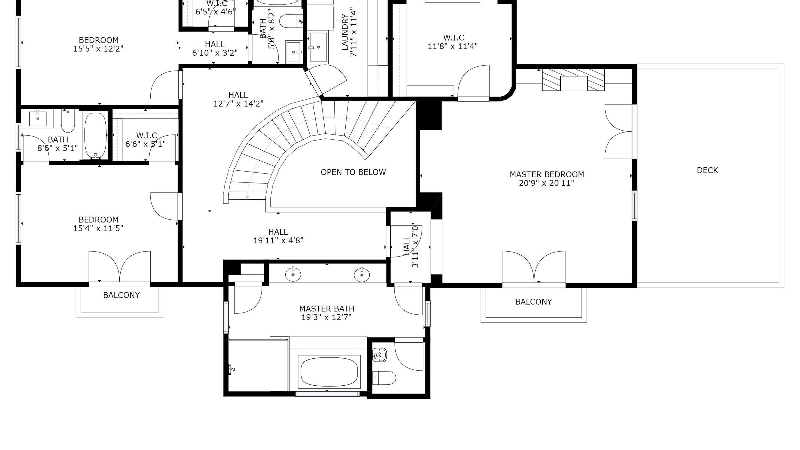 Een plattegrond van een hotel met meerdere slaapkamers, een masterbedroom, een badkamer ensuite, een balkon en een terras.