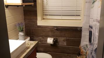 Combined shower/bathtub, hair dryer, towels, soap