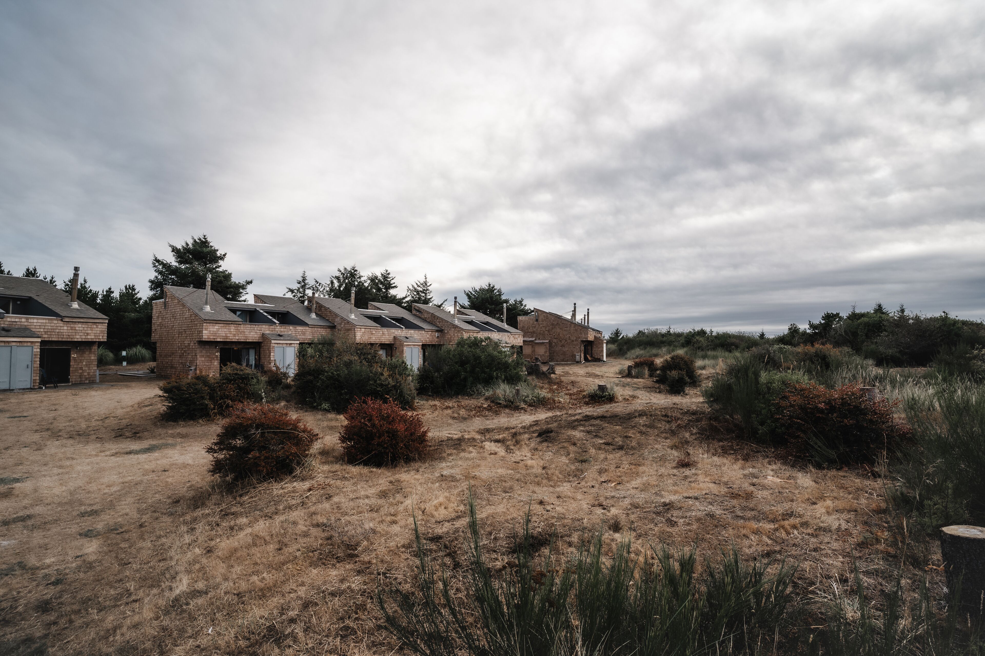 A row of brick houses with sloped roofs, surrounded by dry grass and sparse vegetation.