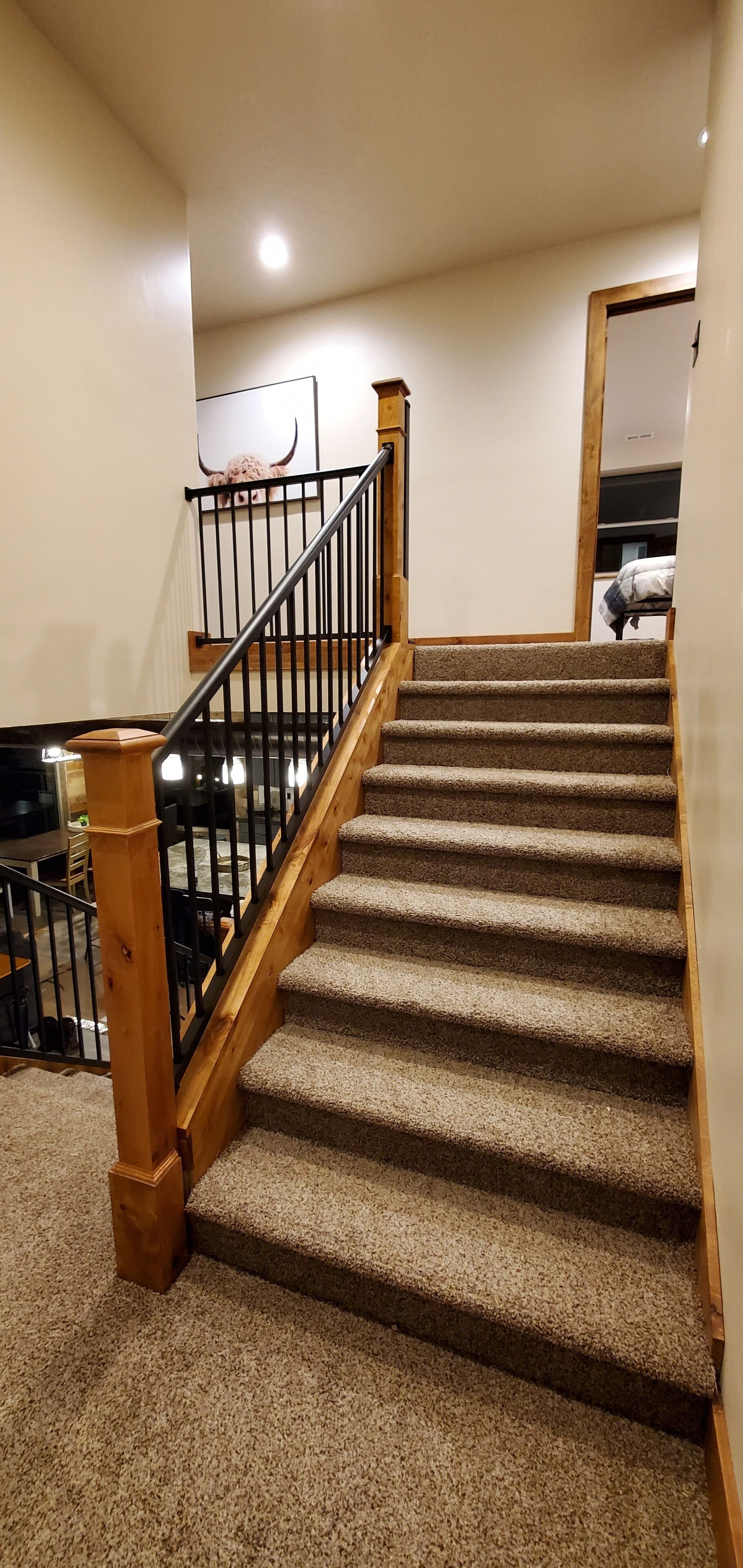 A carpeted staircase with wooden handrails and a black metal railing.