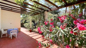 Un patio cubierto con una pérgola de madera, plantas en macetas y una mesa con sillas.