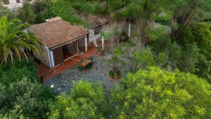 Una casa de piedra rústica con tejado de baldosas, rodeada de abundante vegetación y un camino de piedra que conduce a una terraza de madera.