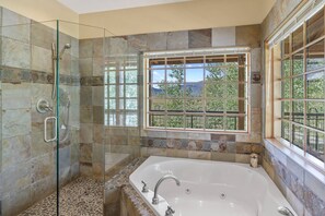 Douche, baignoire à remous, séchoir à cheveux, shampooing