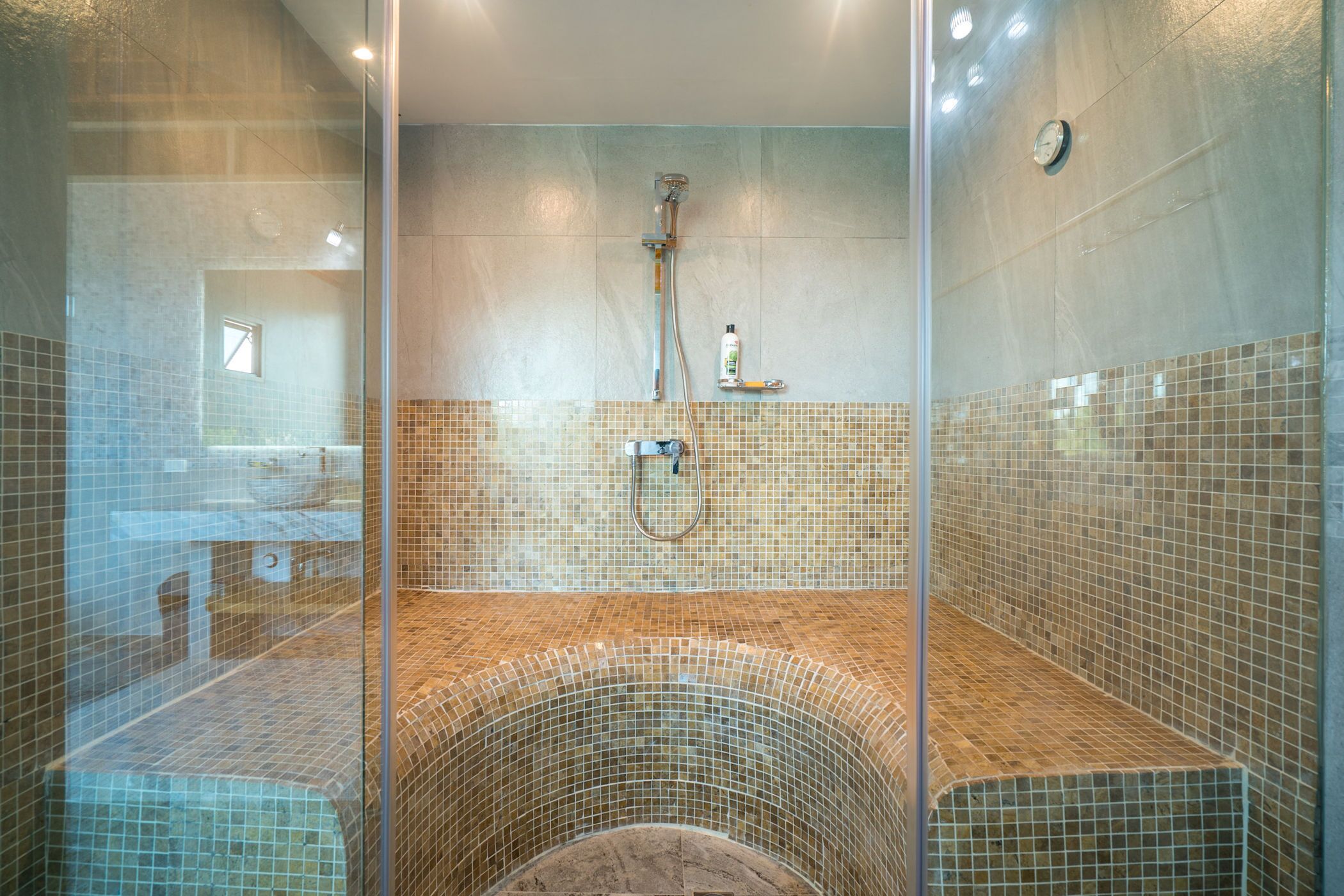 A modern bathroom with a glass-enclosed jacuzzi, tiled walls, and a visible shower area.