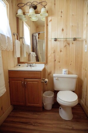 Combined shower/bathtub, towels