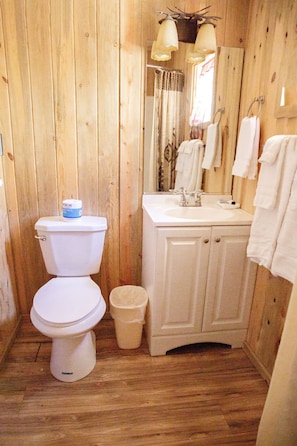 Combined shower/tub, towels