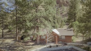 A small cabin surrounded by tall pine trees, with a concrete driveway and a picnic table nearby. - Ponderosa Cabin (Deluxe) (Sevier)