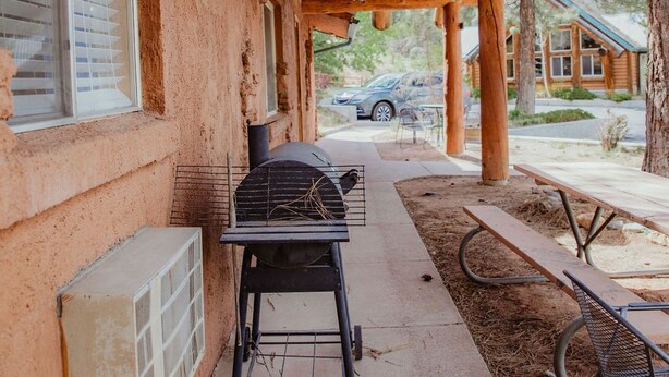 An outdoor patio with a grill, picnic tables, and a covered area with a metal roof. - Ponderosa Cabin (Deluxe) (Sevier)