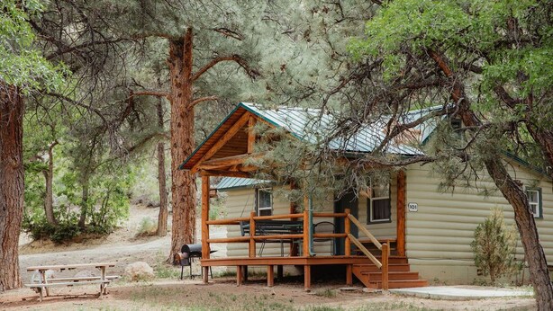 A rustic cabin with a porch, a wooden bench, and a grill area. - C-101) The Bluebird Cabin (Sevier)