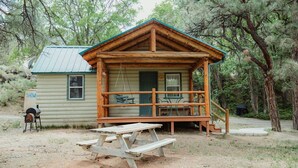 A rustic cabin with a porch, picnic table, and a grill labeled "SHOWE". - C-101) The Bluebird Cabin (Sevier)