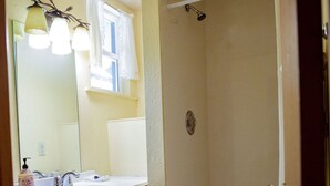 Une salle de bain avec douche, toilettes et lavabo.