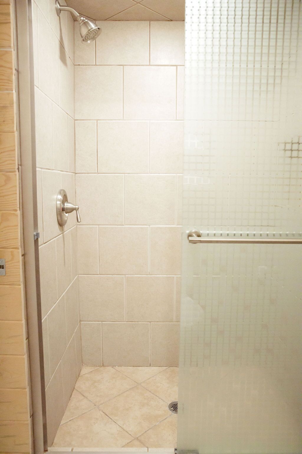 A small, tiled shower room with a glass door and a showerhead.