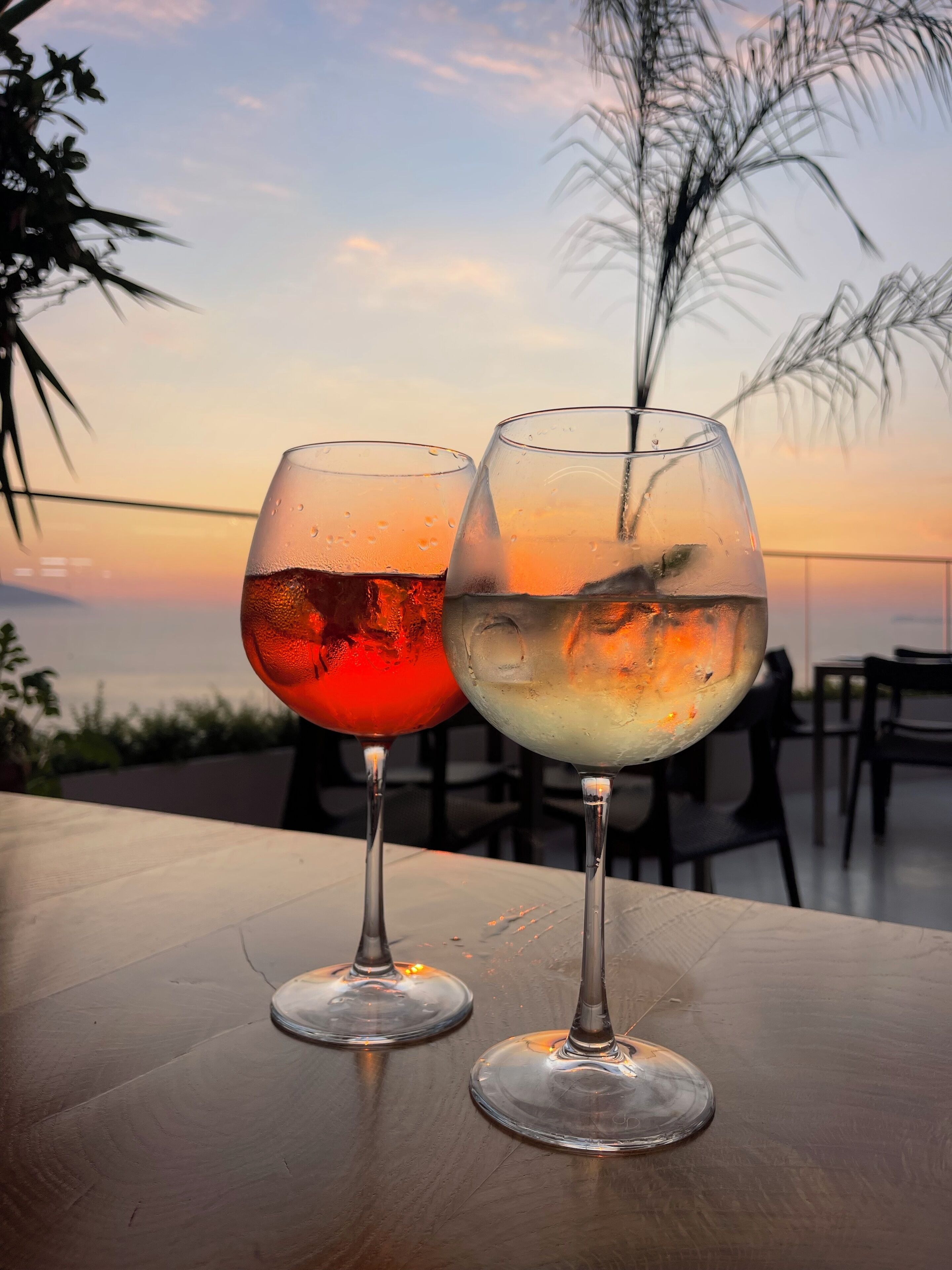 Two wine glasses on a table with a view of the ocean and palm trees in the background.