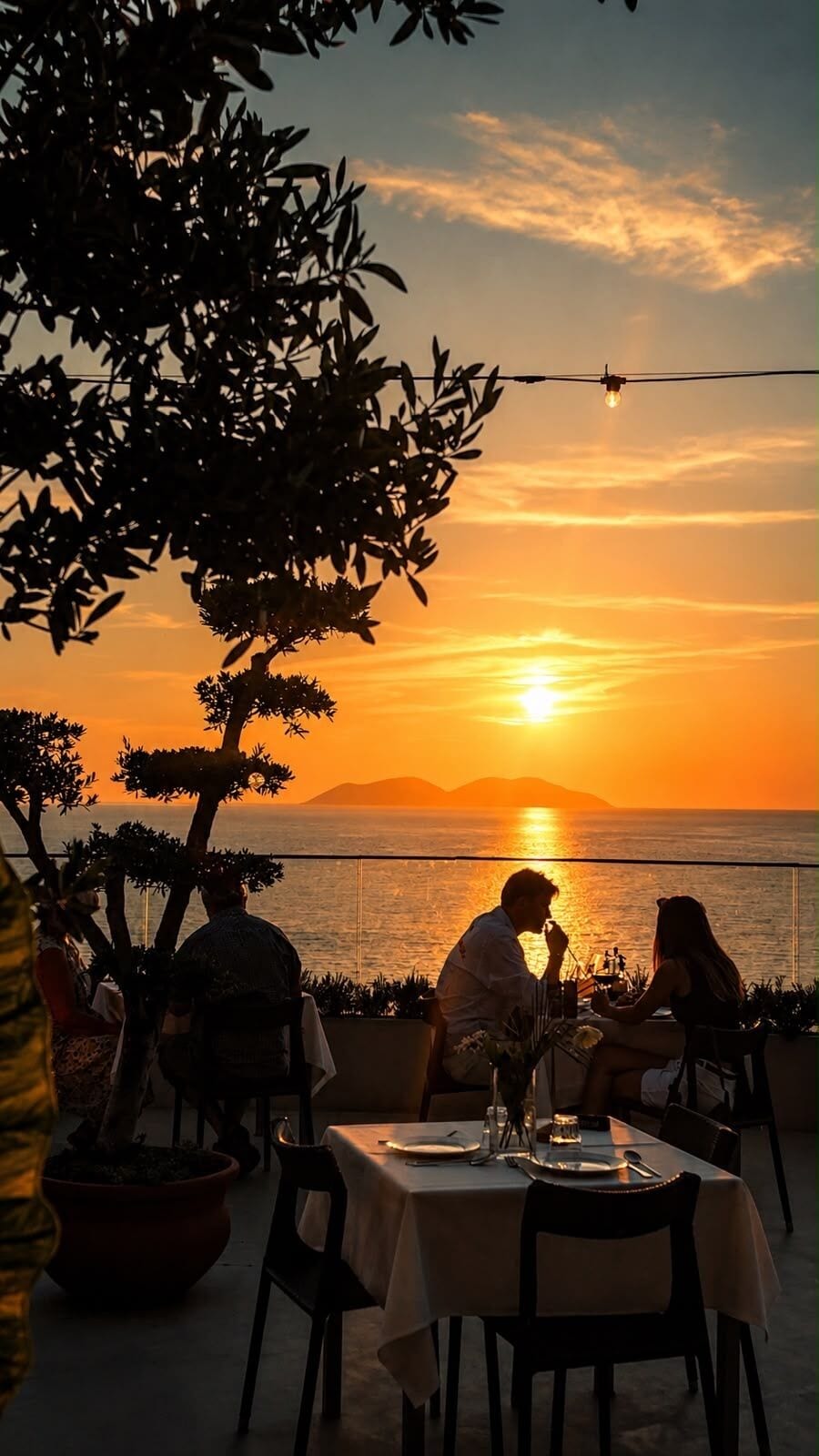 Vista do pôr do sol a partir de uma área de refeições ao ar livre, com mesas e cadeiras, com vista para um corpo de água.