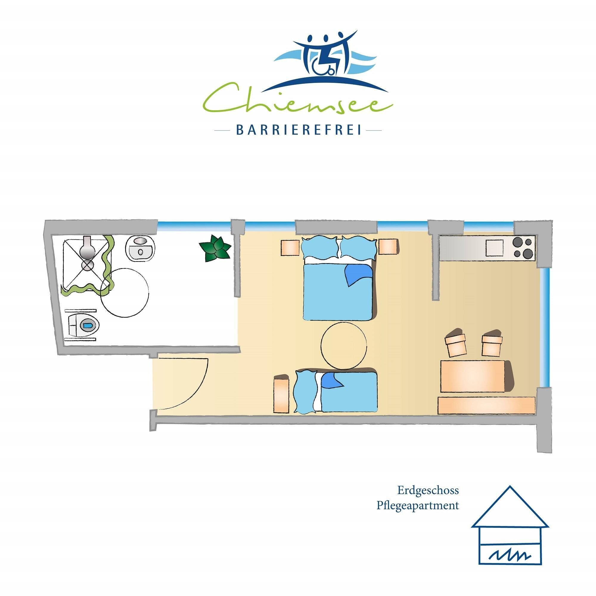 Un plan d’aménagement de chambre d’hôtel comprenant un lit, un canapé, une petite table et un coin cuisine.