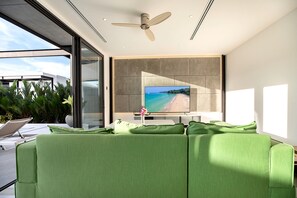 Luxury Villa | Living area | 40-inch LED TV with digital channels, TV - Stylish Salt Pool Villa Sunset Garden 5 (Rawai)