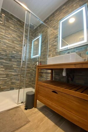 Shower, hair dryer, towels, toilet paper