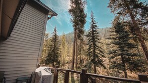 Eine Holzterrasse mit einem Glastisch, einem überdachten Grill und Blick auf einen Wald mit hohen Bäumen.