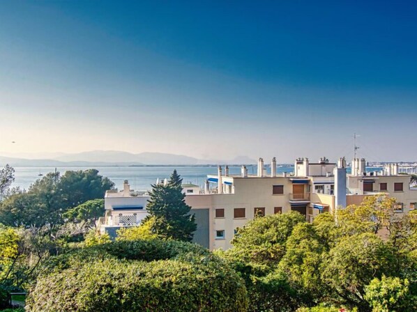 A coastal residential area with buildings, trees, and a view of the sea.