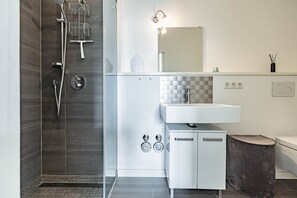Shower, hair dryer, towels