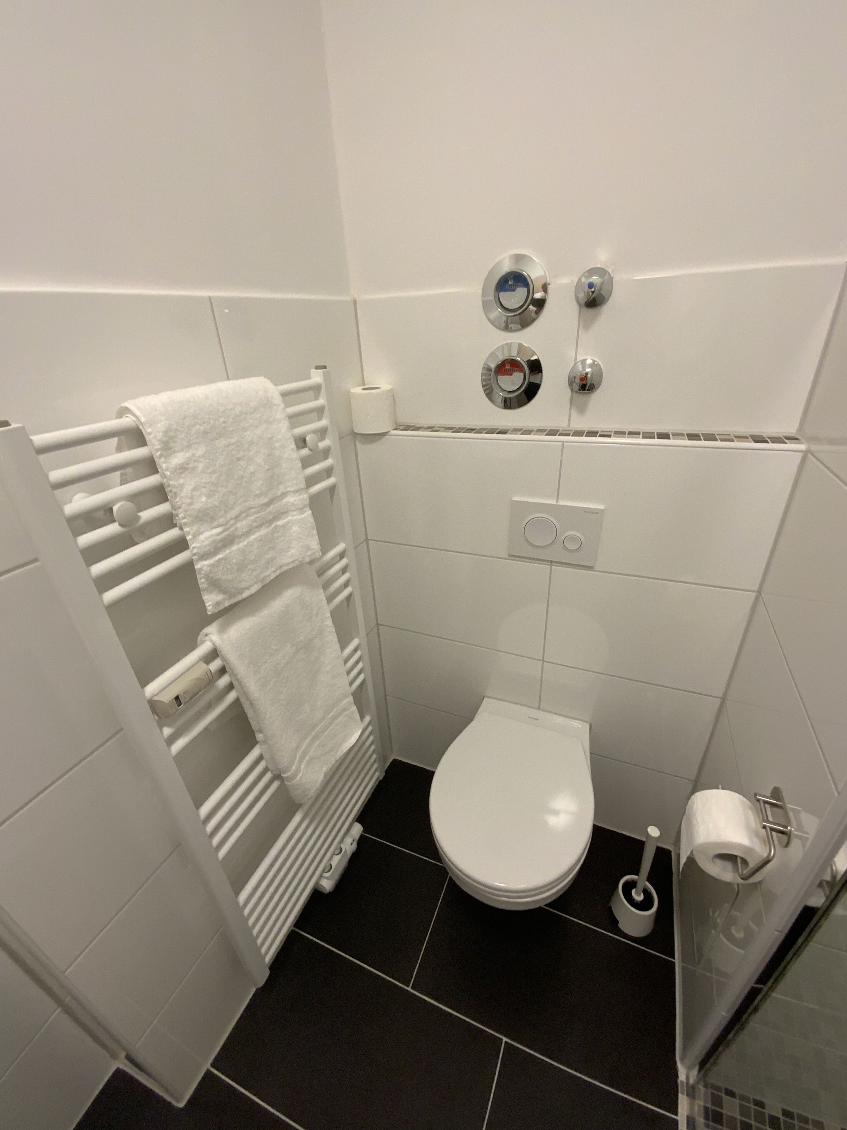 Een kleine, moderne badkamer met een wit toilet, een handdoekhouder met een witte handdoek, een toiletrolhouder en een douchepaneel.