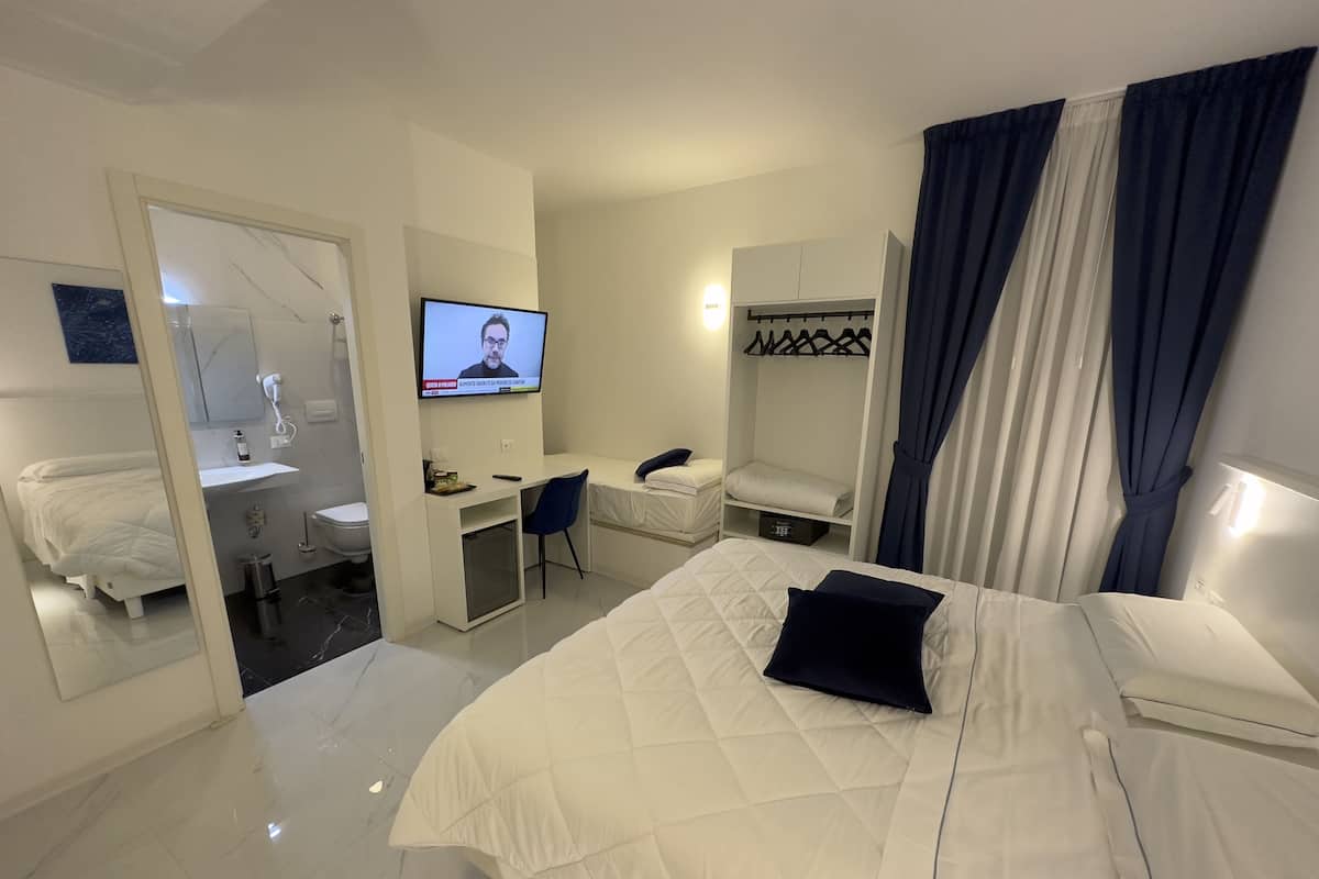 A hotel room with a bed, a desk, a chair, a TV, a wardrobe, and a bathroom.