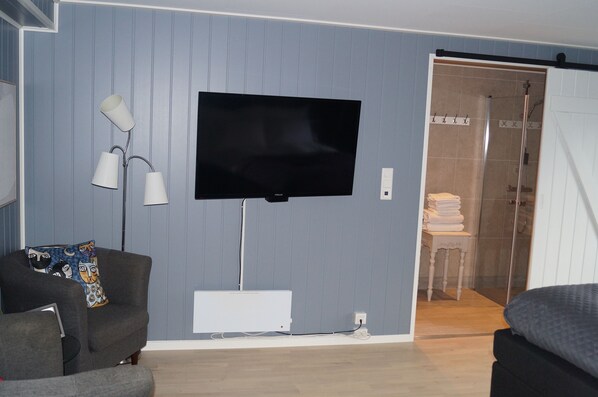 A living room with a flat-screen TV mounted on the wall, a grey sofa with patterned cushions, a floor lamp, and a sliding glass door leading to a shower area.