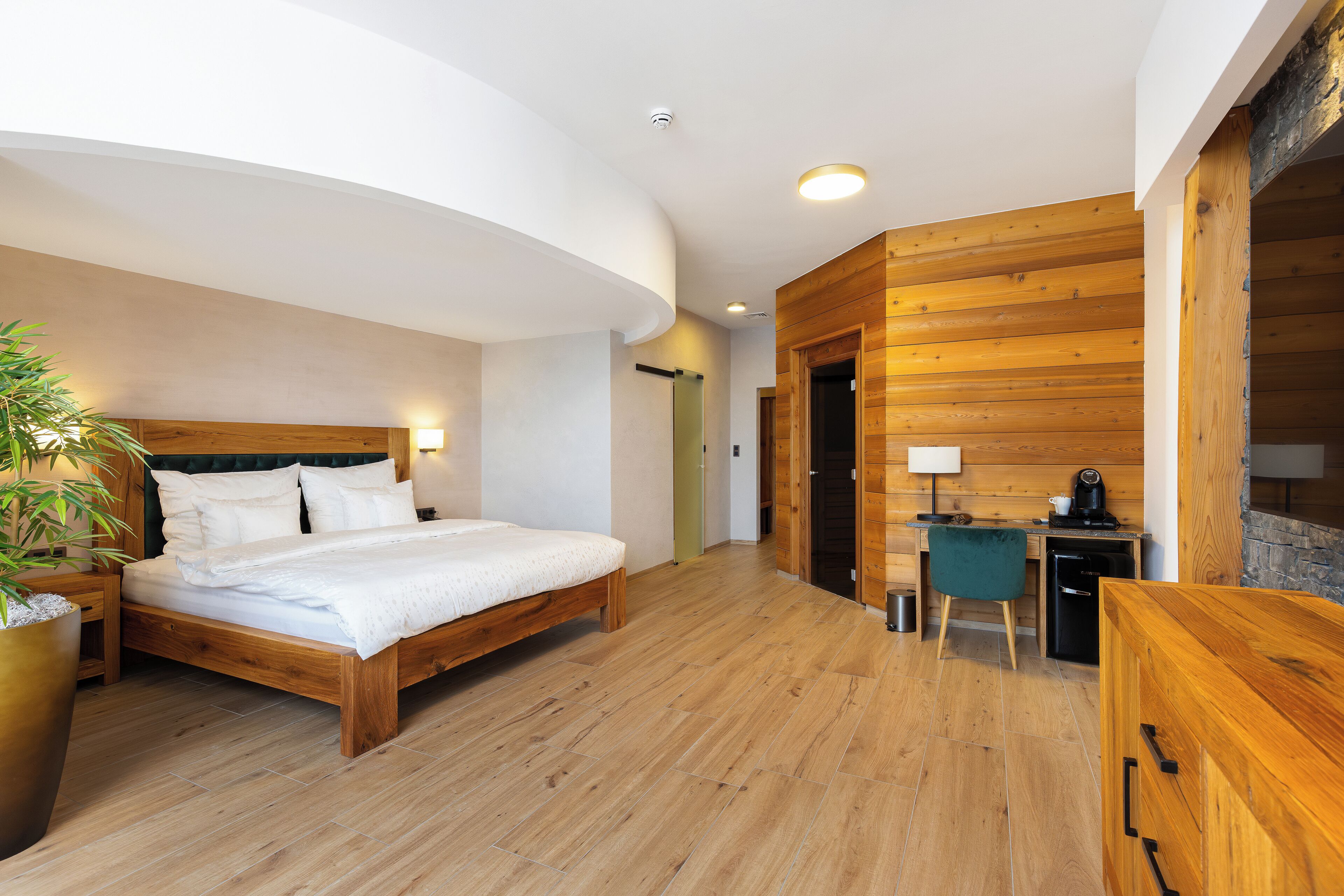 A modern bedroom with a wooden bed, bedside table, and a potted plant.