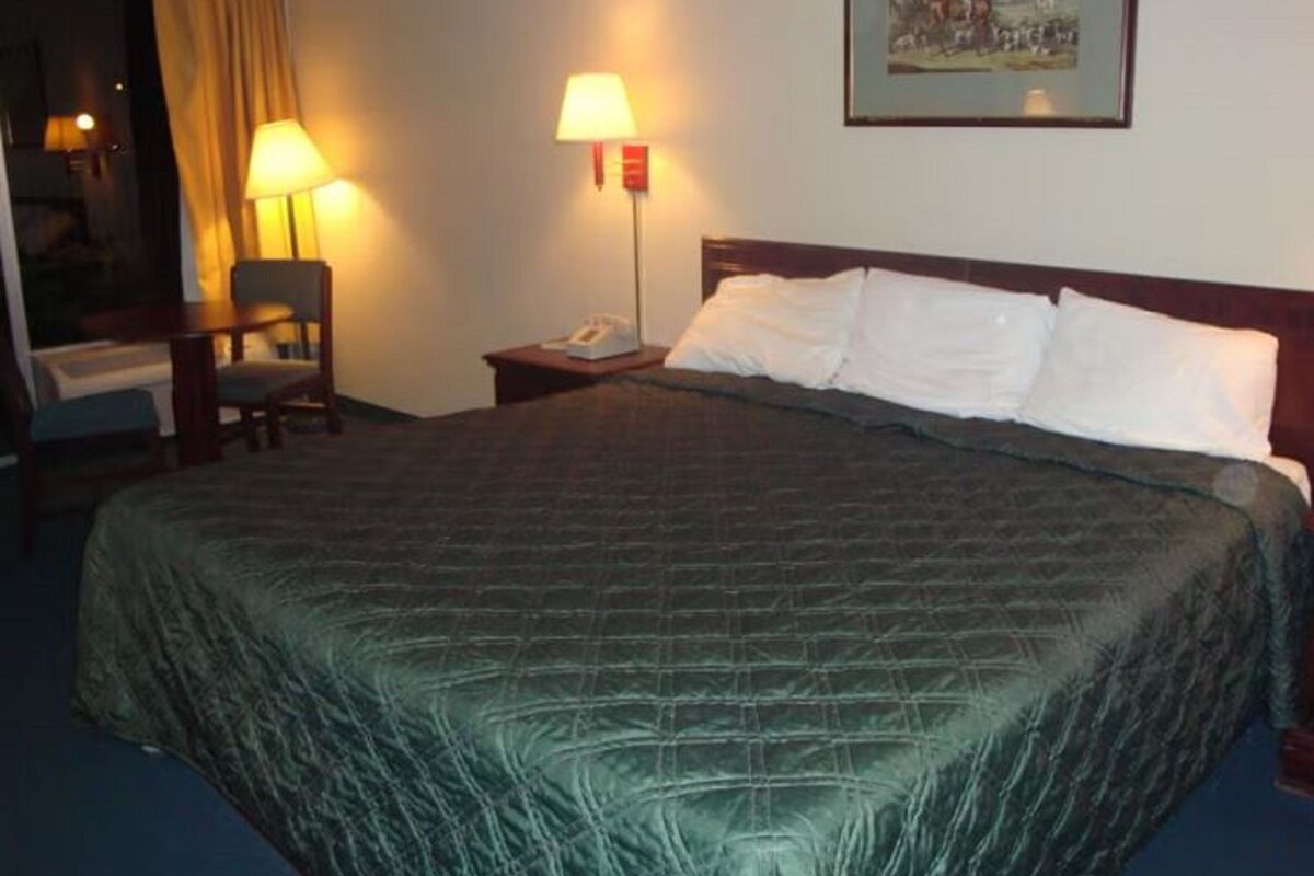 Habitación de hotel con una cama grande, dos lámparas de noche, una silla, un escritorio y un cuadro en la pared.
