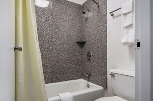 Un baño con bañera, ducha e inodoro.