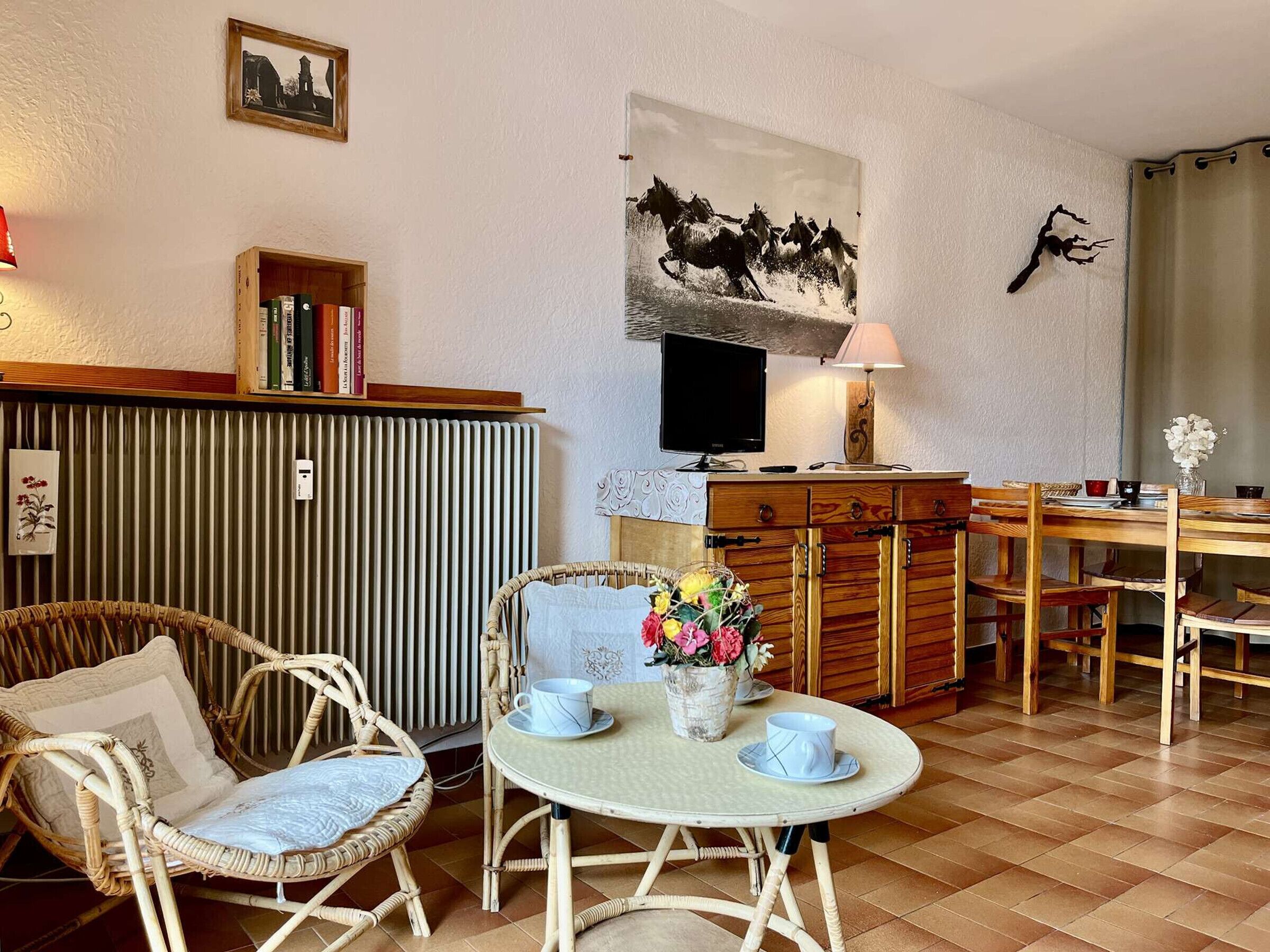 Un salon chaleureux avec des fauteuils en osier, une table ronde avec des tasses, un radiateur, un téléviseur et un tableau accroché au mur.