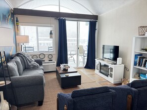 Smart TV, fireplace, books