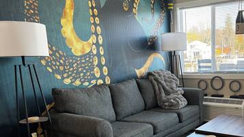 Smart TV, fireplace, books