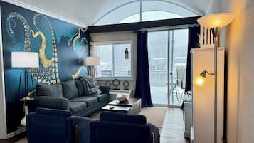 TV connectée, cheminée, livres