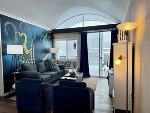 Smart TV, fireplace, books