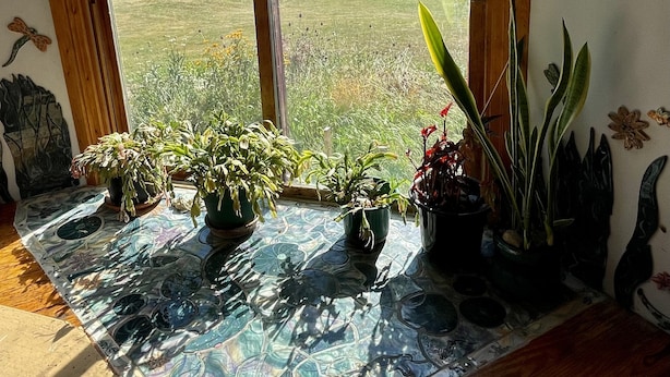 A room with a large window overlooking a grassy field and a body of water. There are several potted plants on a patterned table. - Spacious home w/riverview, minutes from state parks and ocean beaches, sleeps 11 (East Machias)