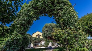 Un sendero que lleva a un edificio enmarcado por abundante vegetación.