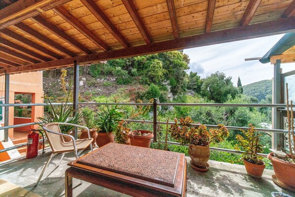 A covered balcony with a table, chairs, and potted plants.