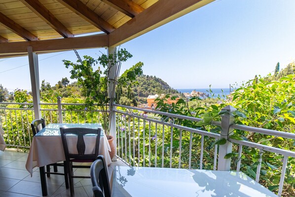 A covered outdoor area with a table and chairs, a railing, and a view of a coastal landscape.