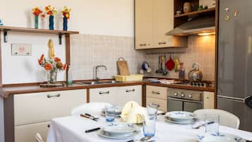 Een koelkast, een oven, een kookplaat, een vaatwasser
