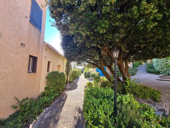 A narrow gravel path flanked by lush greenery and a building with a textured facade and small windows.