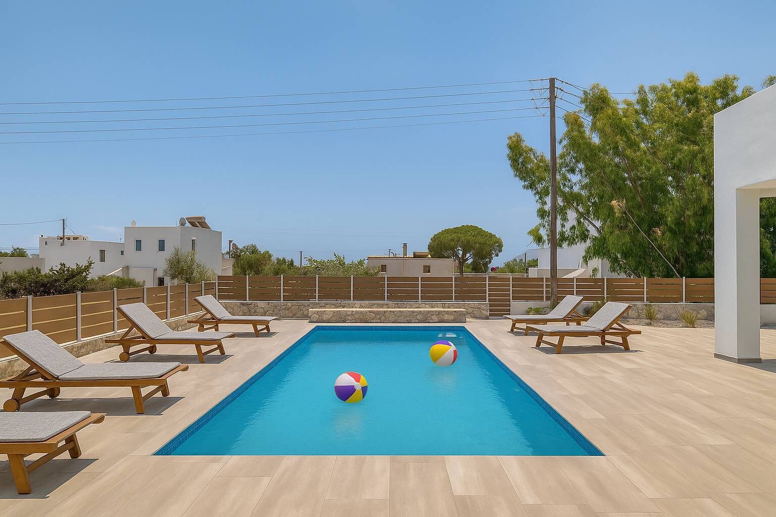 A swimming pool with lounge chairs, a beach ball, and a view of the sea.