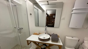 A bathroom with a glass shower enclosure, a white sink with a round basin, a wooden vanity, a mirror, and a toilet. - Quartier Voltaire - Rue Pache (Paris)
