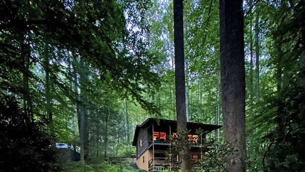 A forest cabin with a deck and outdoor seating area. - Creekside,firepit,wood stove,family&dog friendly,covered deck dining (Scaly Mountain)