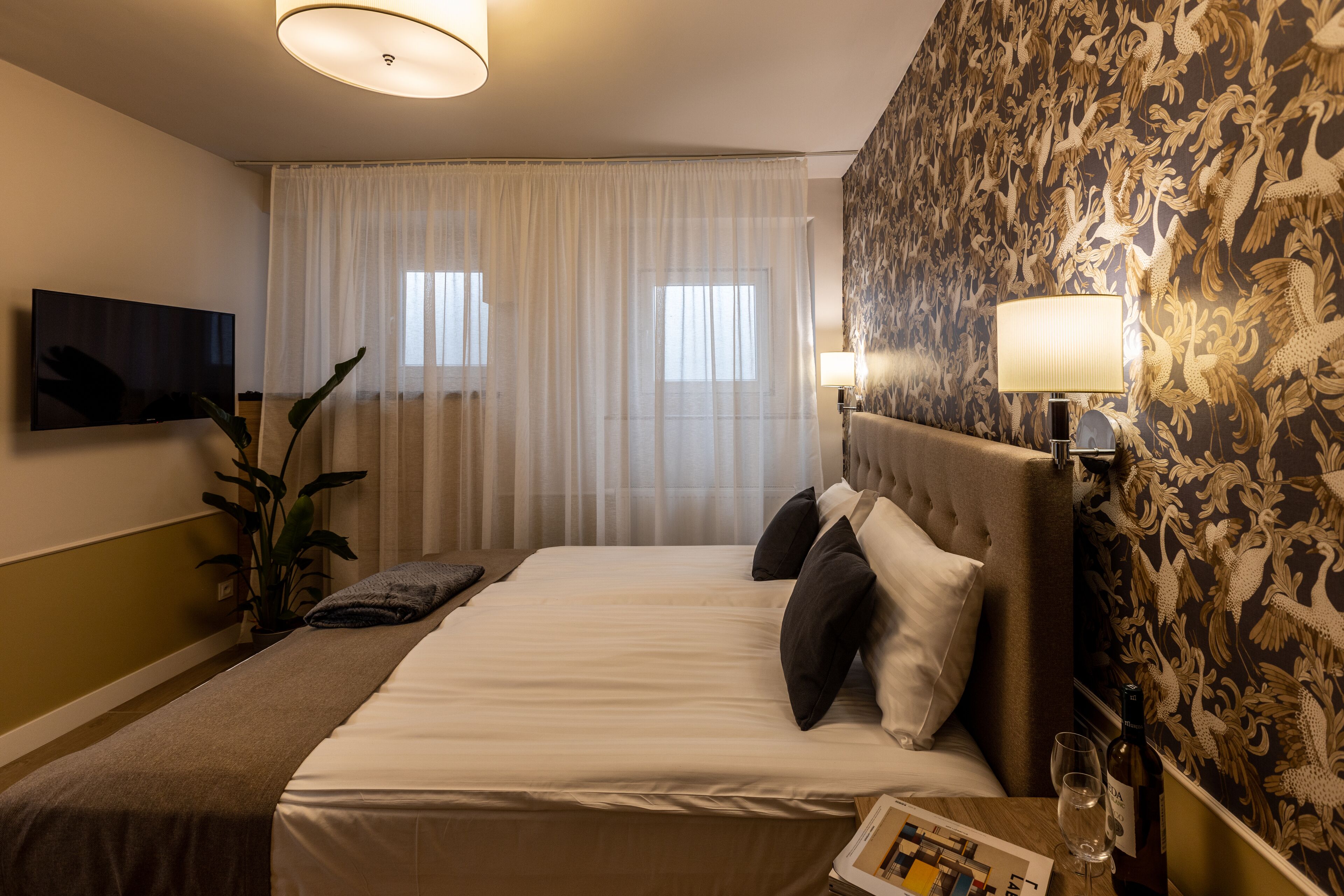 A hotel room with a bed, a TV, a lamp, and a plant.