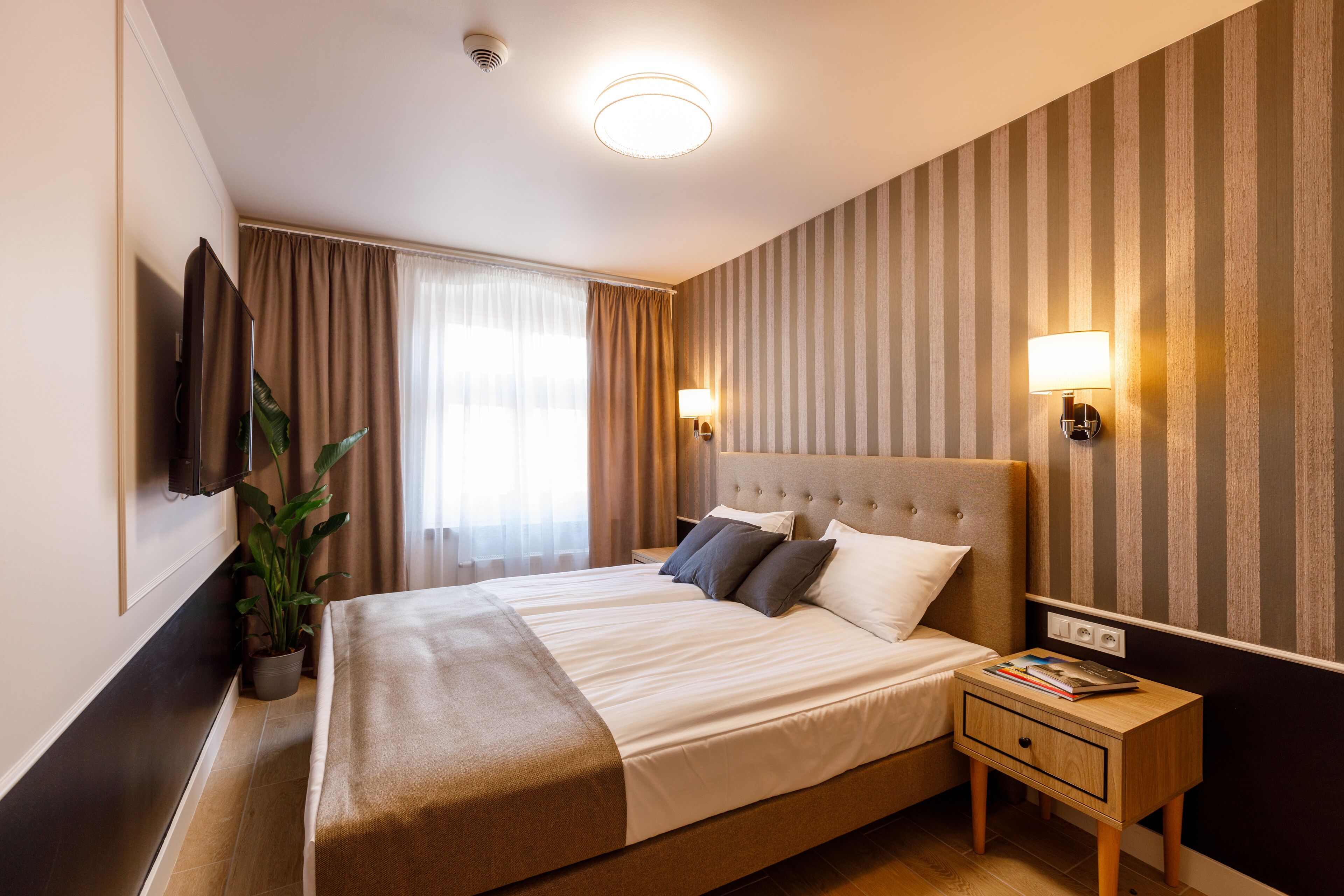 A hotel room with a large bed, two bedside tables, a flat-screen TV, a potted plant, and striped wallpaper.